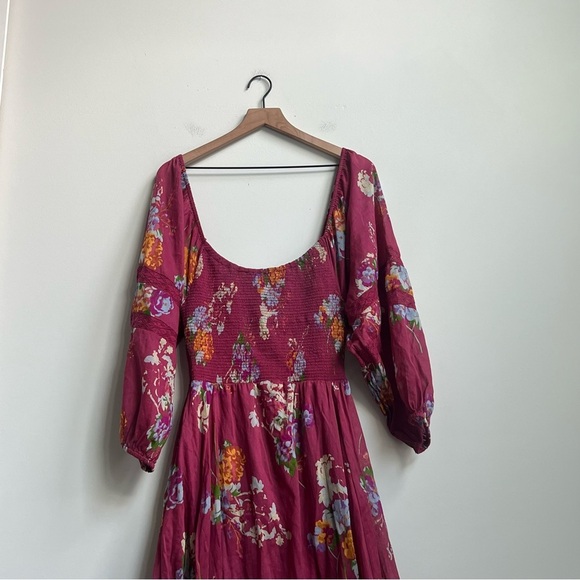 Free People Morning Glory Floral Maxi Dress Earth Red Smocked Handkerchief M - Picture 6 of 14